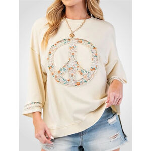 Easel Oversized Peace Patch Terry Knit Top in Oatmeal Size S